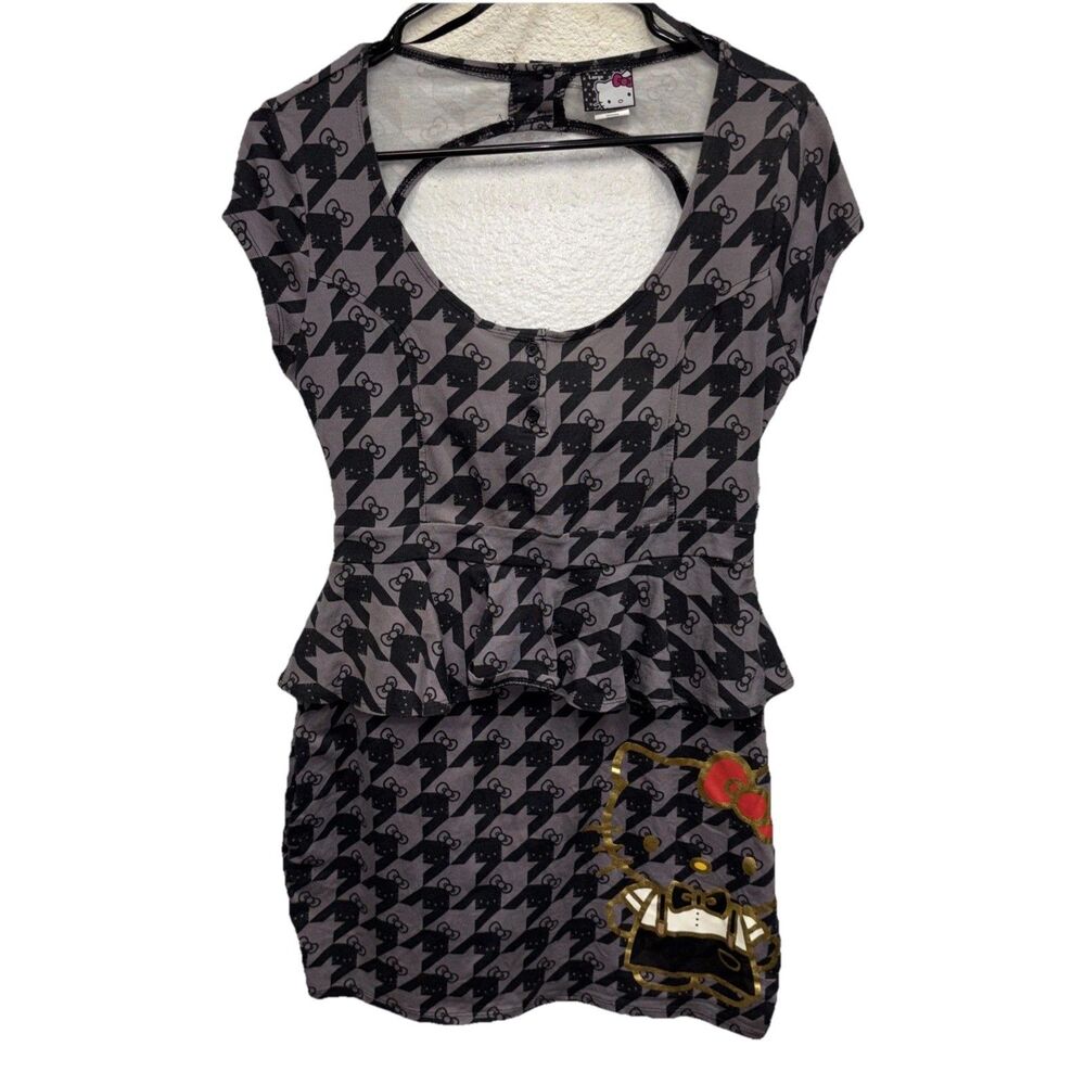 Hello Kitty Sanrio Dress New L Black Gray Graphic Peplum Stretch Cutout Cotton